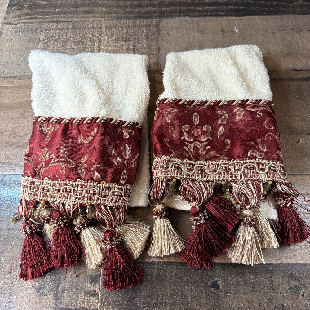 VTG Croscill Cream Hand Towels Lot of 2 Burgundy Gold Damask Tassel Beaded